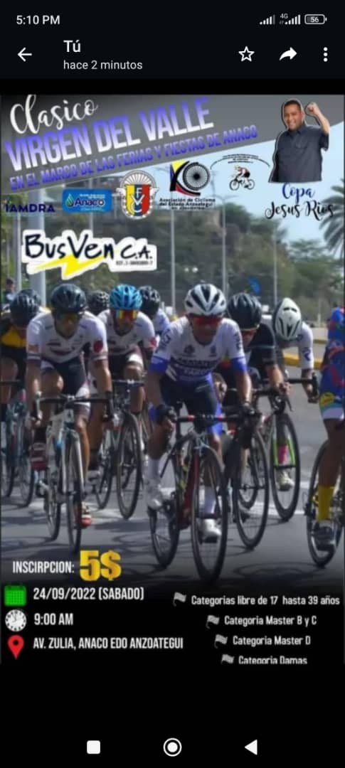 Este sabado 24 de Septiembre se efectuará en Anaco el Clásico ciclistico en Honor a la Virgen del Valle